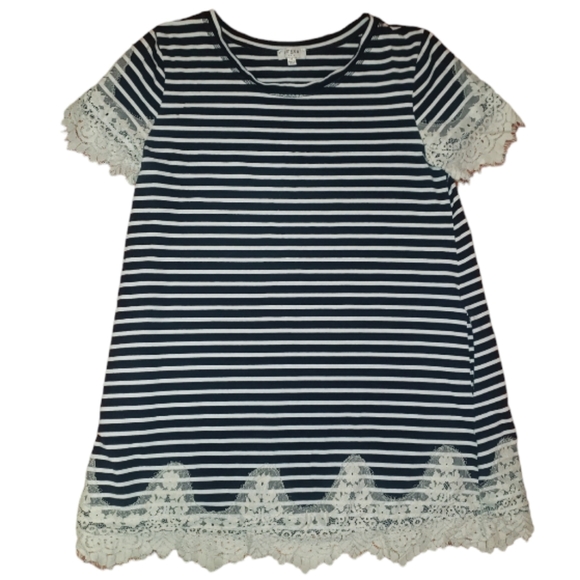 Umgee Black White Stripes Floral Lace Trim Scoopneck Pockets Mini Shift Dress M - Picture 11 of 16